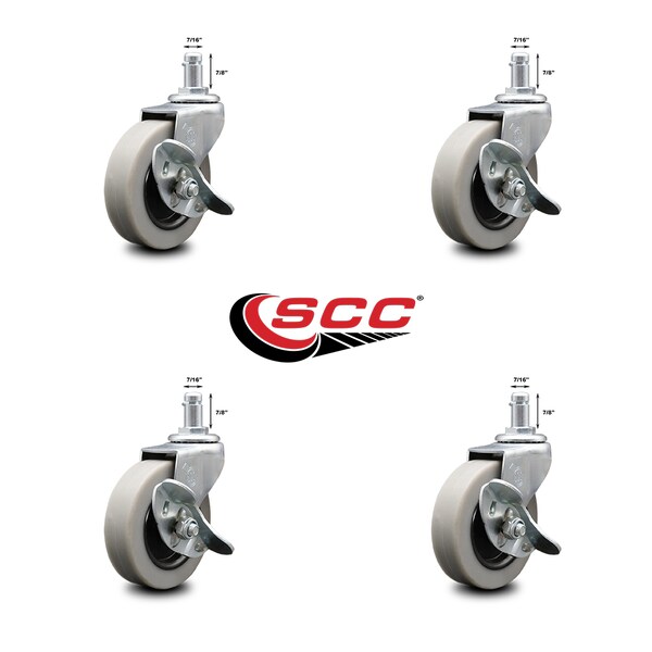3 Inch Thermoplastic Wheel 7/8 Inch Grip Ring Stem Caster with Brakes, 4PK